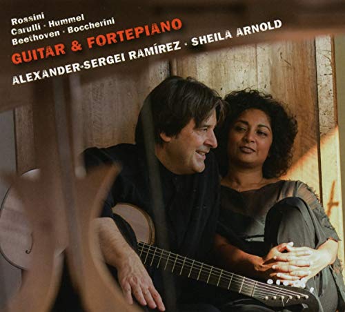 CD cover featuring a guitarist and a woman, with text listing composers.