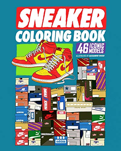 Sneaker coloring book cover with illustrated shoes and shoeboxes stacked high.