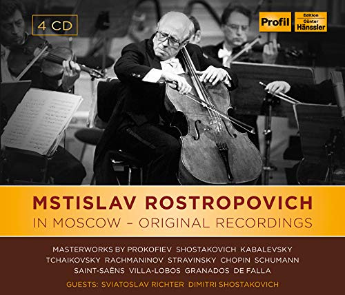 CD cover featuring Mstislav Rostropovich playing cello with orchestra, black and white photo.