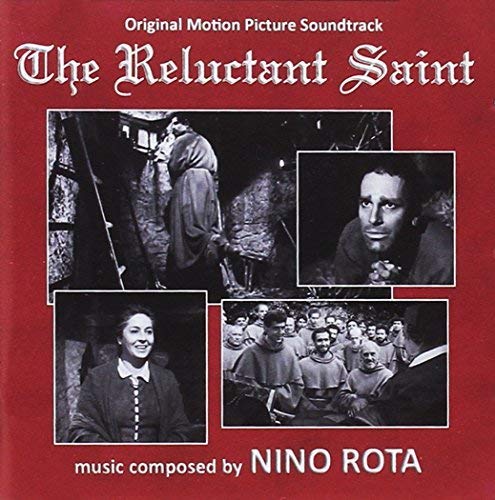 Red CD cover for "The Reluctant Saint" soundtrack, featuring film stills.