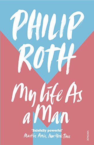 Book cover with blue and pink geometric background and white handwritten-style text.
