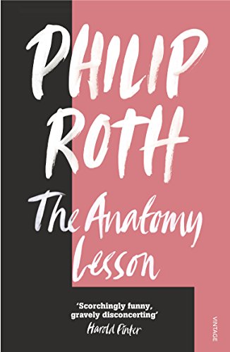Book cover for “The Anatomy Lesson” by Philip Roth, with white brushstroke text.