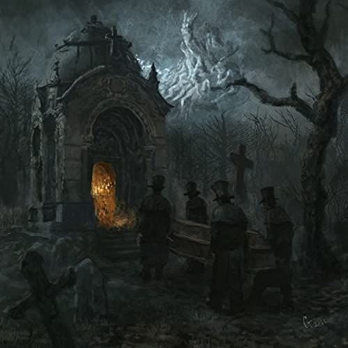 Dark, painted scene of a mausoleum, figures, and bare trees.