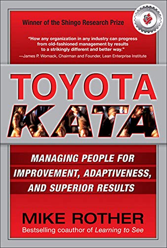 Book cover for Toyota Kata by Mike Rother with red background and bold text.