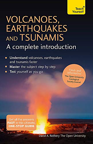 Book cover: "Volcanoes, Earthquakes and Tsunamis" with erupting volcano image.