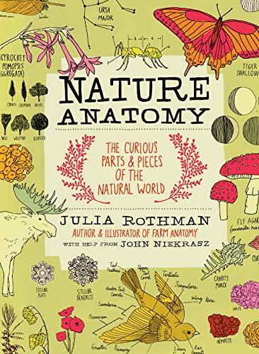 Book cover with hand-drawn illustrations of plants, animals, and natural elements on green background.