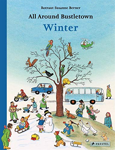 Illustrated book cover showing people, animals, and vehicles in a snowy winter scene.
