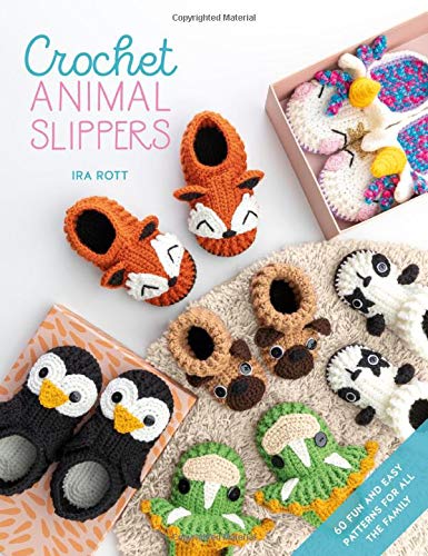 Book cover featuring various colorful handmade crochet animal-themed slippers on a white surface.