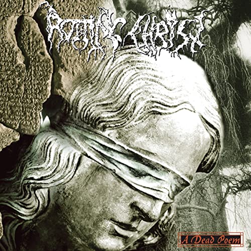 A stone statue of a blindfolded woman with the band logo and album title.