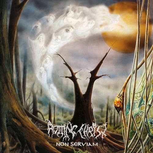 Rotting Christ album cover: ghostly figures amidst dark trees and a sun.