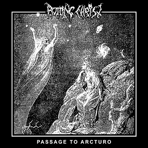 Black and white album cover with figures and celestial imagery.
