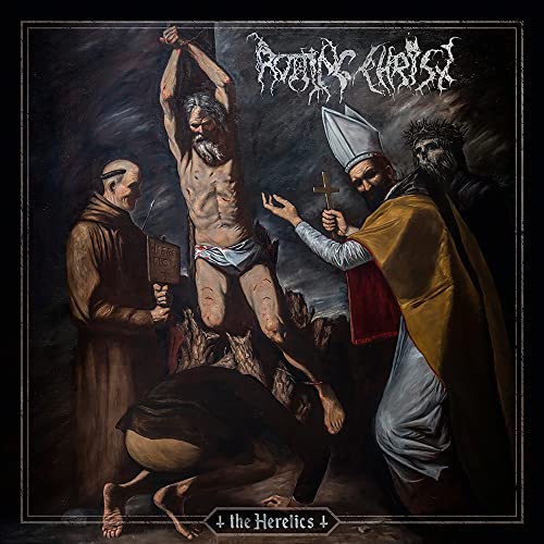 Dark painting of a crucifixion scene with religious figures, album cover.