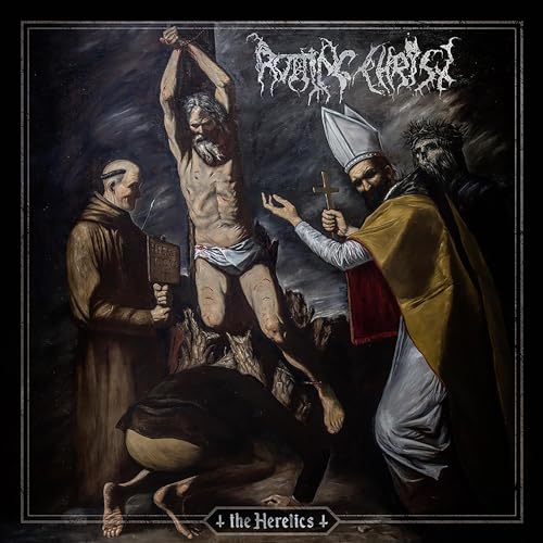 Dark painting of a religious scene with figures and a crucified man.