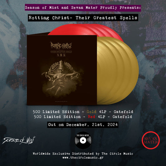 Rotting Christ vinyl box set with gold and red records against a dark background.