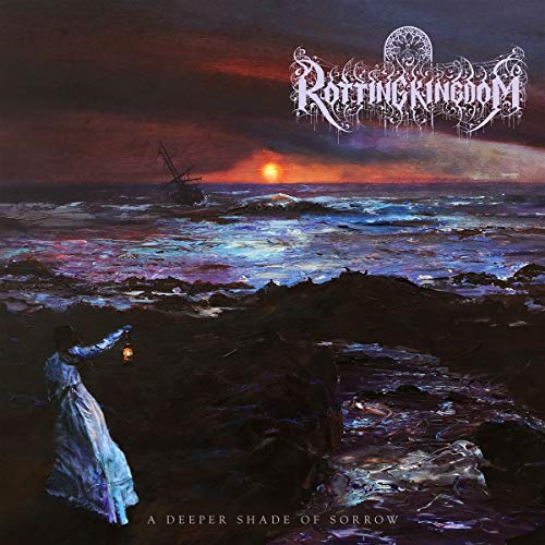 Dark seascape with shipwreck, figure with lantern, and band logo above.