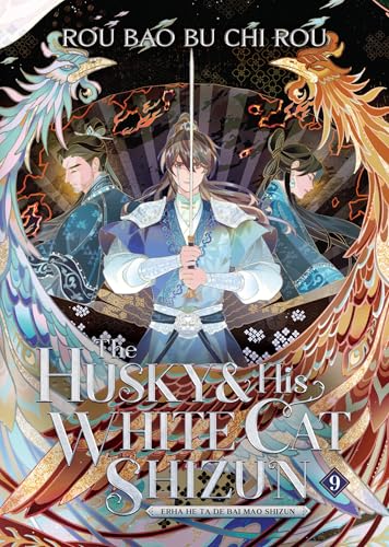 Three characters in traditional robes stand before a large fan with phoenix illustrations.