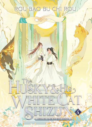 Novel cover featuring two men in white robes, a cat, and floral designs.