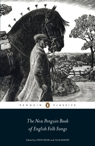 Black and white illustration of a man leading a draft horse in a landscape.