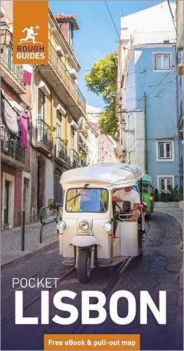 Rough Guides Pocket Lisbon travel guide cover with a tuk-tuk on a street.