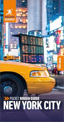 New York City travel guide cover with Times Square and a taxi.