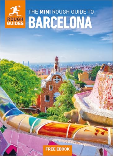 Barcelona travel guide cover with Park Güell architecture and city view.