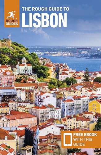 Lisbon travel guide cover with colorful buildings and a harbor view.