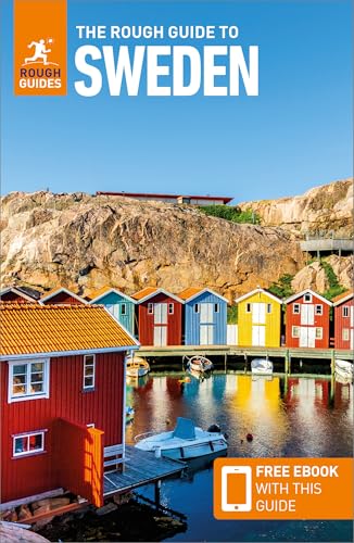 The Rough Guide to Sweden book cover featuring colorful wooden cabins by the water.