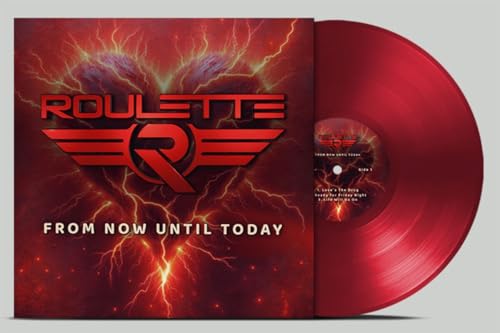 Red vinyl record with lightning-themed cover art and band logo.