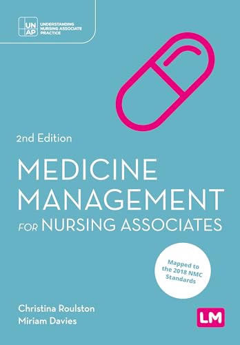 Book cover: "Medicine Management for Nursing Associates," 2nd Edition, with pink capsule illustration.