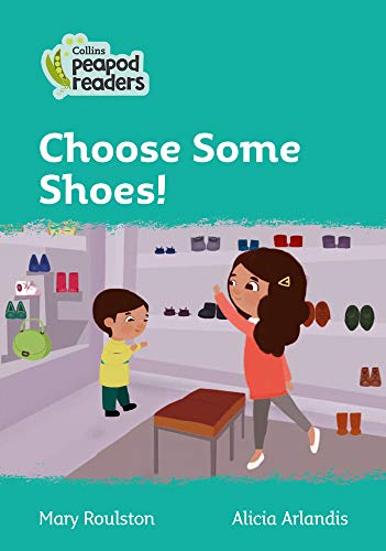 Children’s book cover: girl and boy choosing shoes in a store.