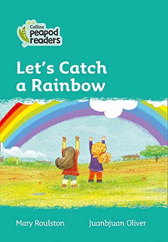 Book cover with a rainbow, two children reaching up, and green fields.