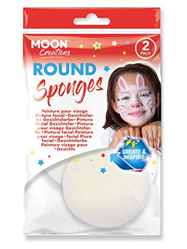 Packaging for a two-pack of round white sponges with a child's face paint.