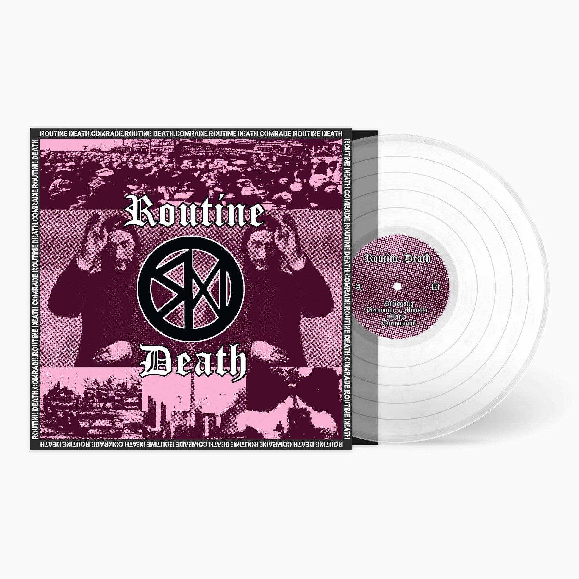 Vinyl record with red and black abstract cover art, central graphic design.