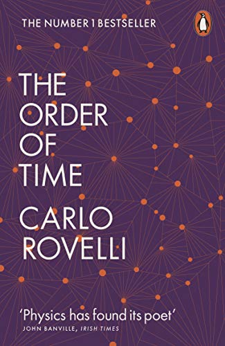 Book cover: "The Order of Time" by Carlo Rovelli, purple and orange design.