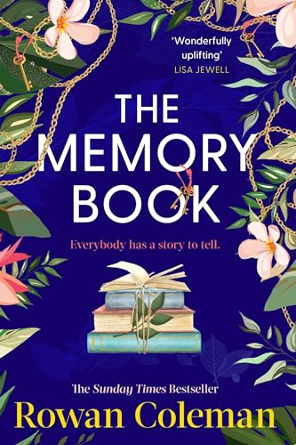 Book cover with stacked books, floral designs, and gold chains.