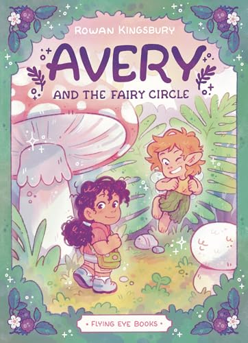 Book cover featuring a girl and a fairy in a forest with large mushrooms.