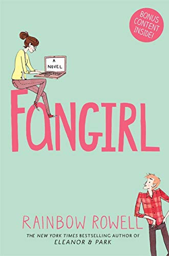 Book cover: "Fangirl" by Rainbow Rowell, featuring illustrated figures with laptops.