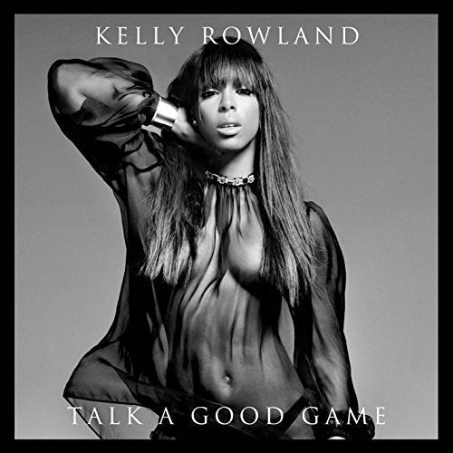 Black and white photo of Kelly Rowland in sheer top with text overlay.