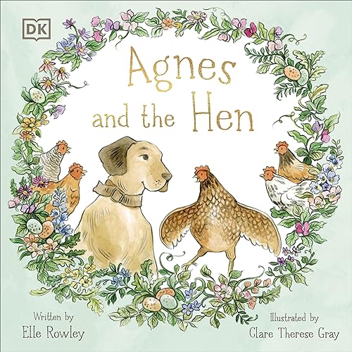 Book cover: dog, hen, and chicks surrounded by floral wreath.