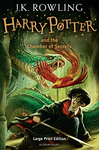 Book cover for Harry Potter and the Chamber of Secrets featuring Harry, a snake, and phoenix.