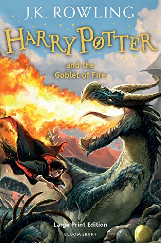 Book cover: Harry Potter and the Goblet of Fire, featuring a dragon and Harry.