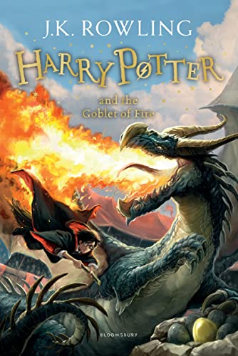 Book cover: Harry Potter and the Goblet of Fire, featuring a dragon and Harry.