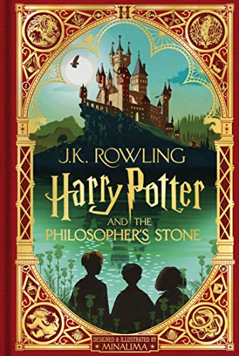 Book cover showing Hogwarts castle above a lake with three silhouettes in the foreground.