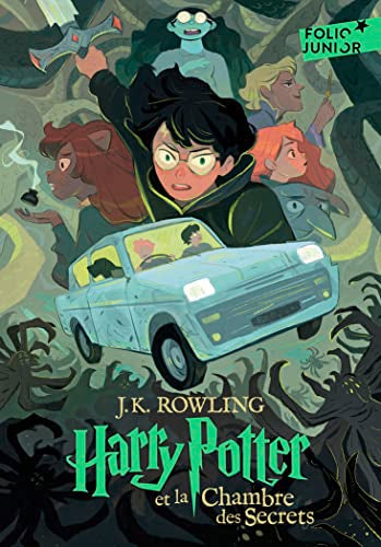 Illustrated book cover showing Harry Potter characters with a flying car and spiders.