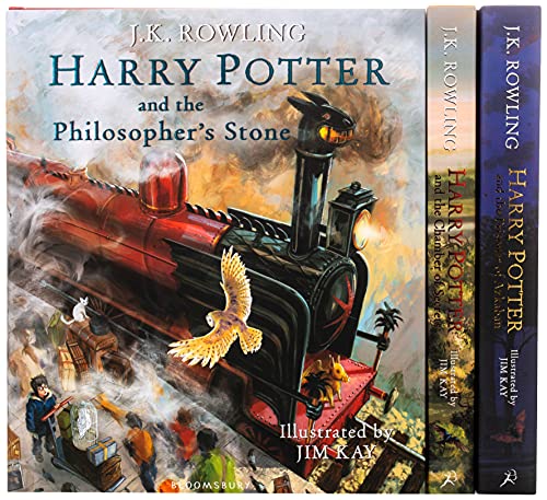 Three illustrated Harry Potter books stacked, showing a red steam train.