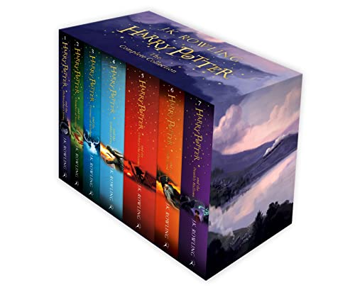 A complete Harry Potter book collection in a box set with seven colorful spines.