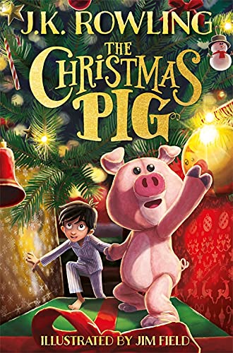 Book cover: boy and pink pig with Christmas tree decorations.
