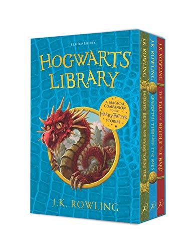 Hogwarts Library book box set featuring a red dragon illustration on a blue background.