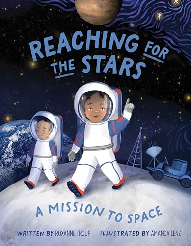 Two children in spacesuits on the moon, with Earth in the background.