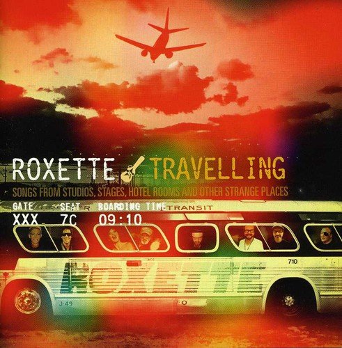 Roxette “Travelling” CD cover: bus with faces, airplane in sky.